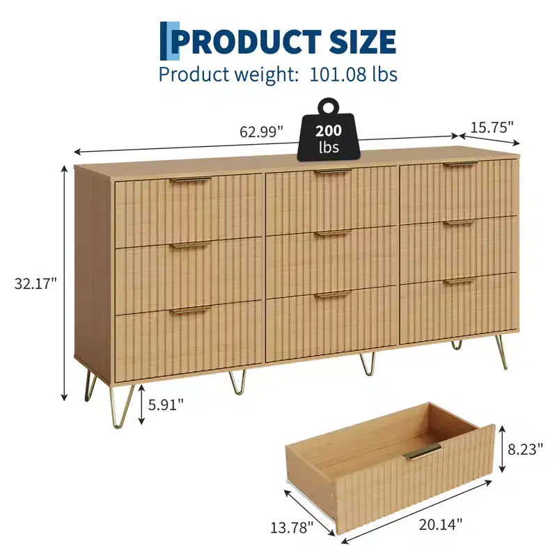 Commode cannelée à 9 tiroirs, coffre de tiroirs moderne de 160 cm de large en bois avec poignée en métal, grand organiseur de rangement pour vêtements pour salon