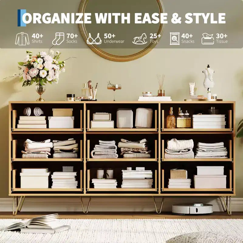 Commode cannelée à 9 tiroirs, coffre de tiroirs moderne de 160 cm de large en bois avec poignée en métal, grand organiseur de rangement pour vêtements pour salon