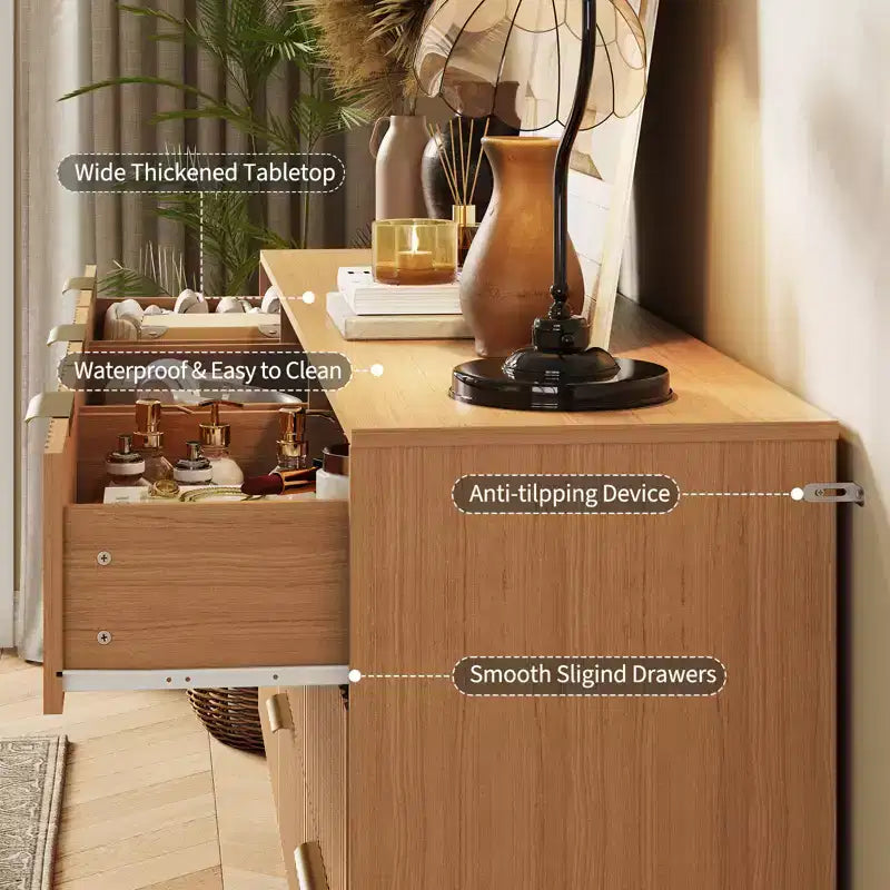 Commode cannelée à 9 tiroirs, coffre de tiroirs moderne de 160 cm de large en bois avec poignée en métal, grand organiseur de rangement pour vêtements pour salon