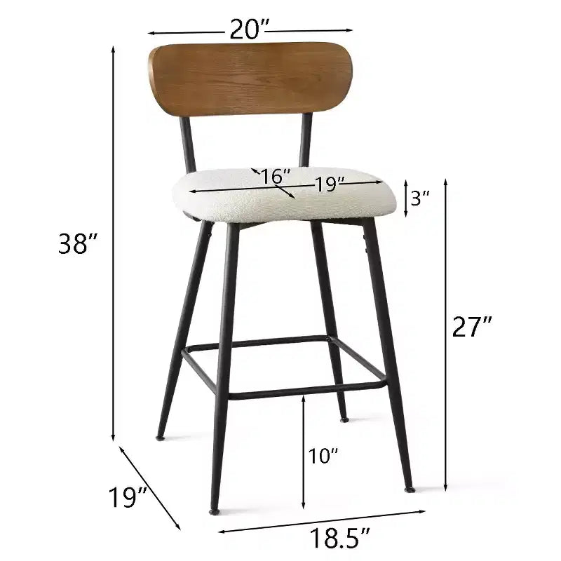 Lot de 2 tabourets de bar de hauteur comptoir modernes du milieu du siècle, chaises de cuisine 27" en bouclette blanche avec dossier en bois de frêne - Panipeachy