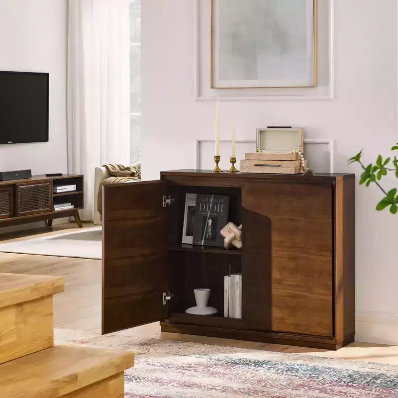 JVNOXK Buffet moderne de style Mid-Century de 39 pouces avec deux trous de sortie, adapté au salon ou à la cuisine, avec espace de rangement, Noyer