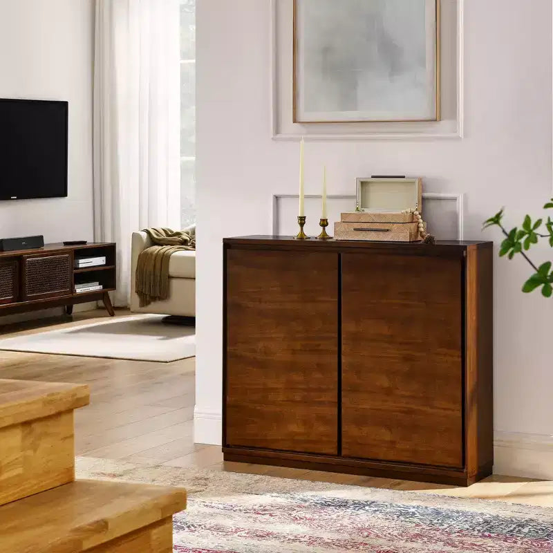 JVNOXK Buffet moderne de style Mid-Century de 39 pouces avec deux trous de sortie, adapté au salon ou à la cuisine, avec espace de rangement, Noyer