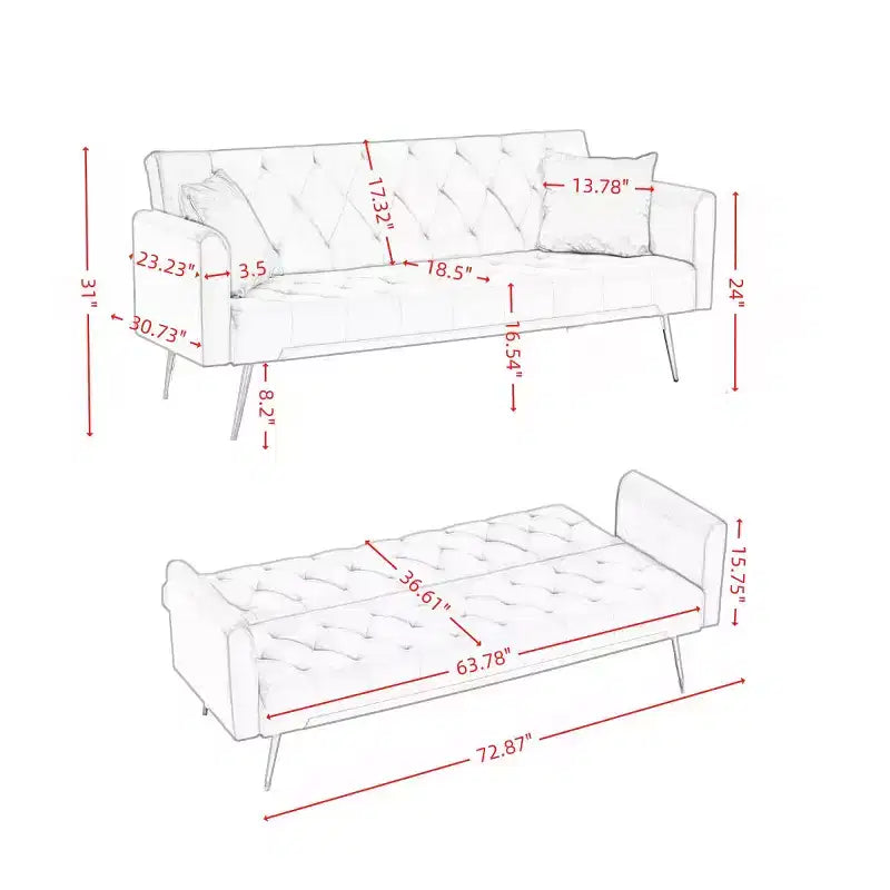 Canapé inclinable moderne en velours avec dossier réglable à 3 positions, canapé-lit convertible pour petits salons ou chambres d'amis-Panipeachy