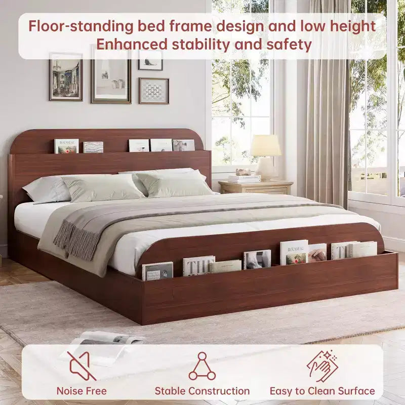 Cadre de lit en bois avec tête de lit de rangement – Lit plateforme bas pour enfant avec pied de lit surélevé, lattes en bois robustes (pas besoin de sommier tapissier)