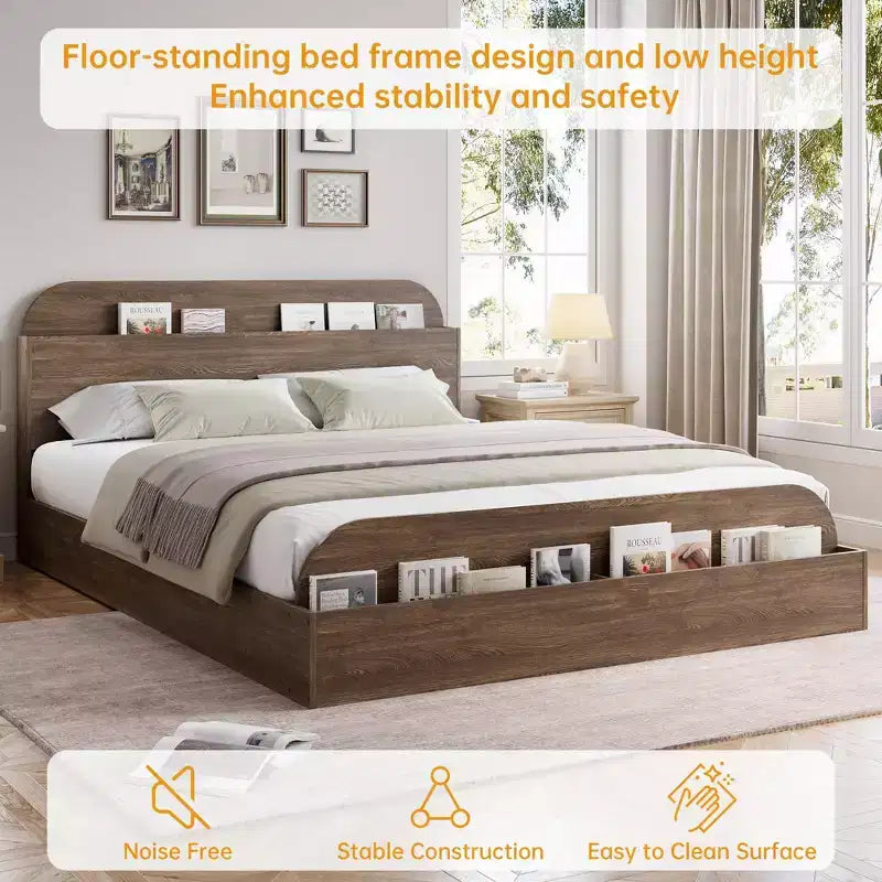 Cadre de lit en bois avec tête de lit de rangement – Lit plateforme bas pour enfant avec pied de lit surélevé, lattes en bois robustes (pas besoin de sommier tapissier)