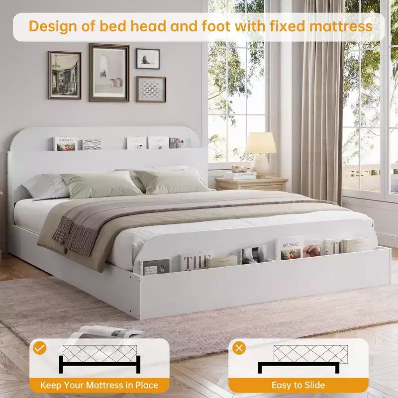 Cadre de lit en bois avec tête de lit de rangement – Lit plateforme bas pour enfant avec pied de lit surélevé, lattes en bois robustes (pas besoin de sommier tapissier)