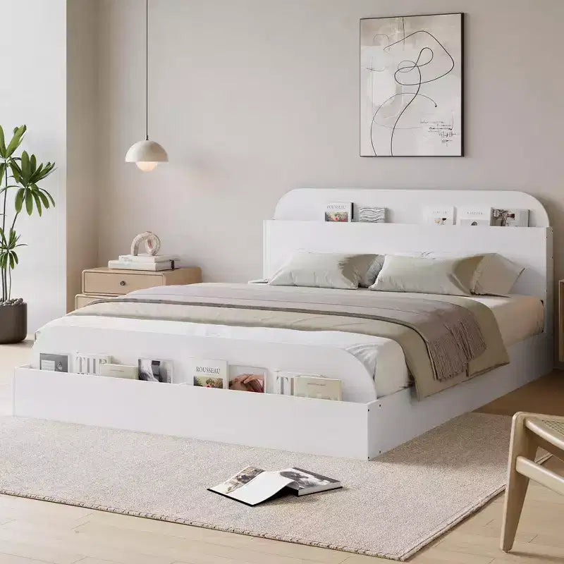 Cadre de lit en bois avec tête de lit de rangement – Lit plateforme bas pour enfant avec pied de lit surélevé, lattes en bois robustes (pas besoin de sommier tapissier)