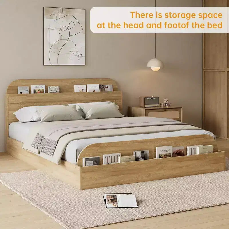 Cadre de lit en bois avec tête de lit de rangement – Lit plateforme bas pour enfant avec pied de lit surélevé, lattes en bois robustes (pas besoin de sommier tapissier)