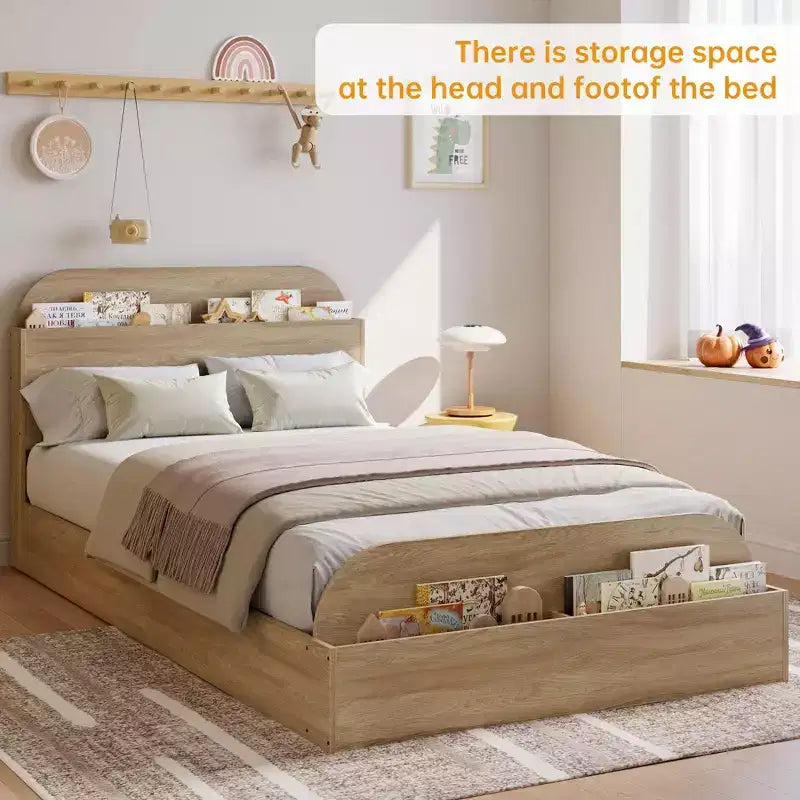 Cadre de lit en bois avec tête de lit de rangement – Lit plateforme bas pour enfant avec pied de lit surélevé, lattes en bois robustes (pas besoin de sommier tapissier)
