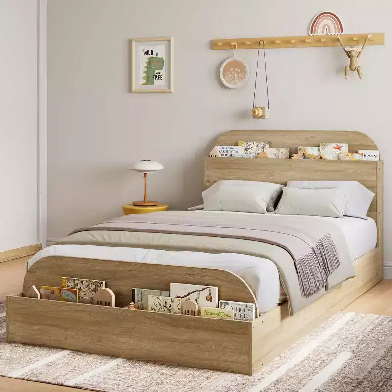 Cadre de lit en bois avec tête de lit de rangement – Lit plateforme bas pour enfant avec pied de lit surélevé, lattes en bois robustes (pas besoin de sommier tapissier)