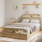 Cadre de lit en bois avec tête de lit de rangement – Lit plateforme bas pour enfant avec pied de lit surélevé, lattes en bois robustes (pas besoin de sommier tapissier)