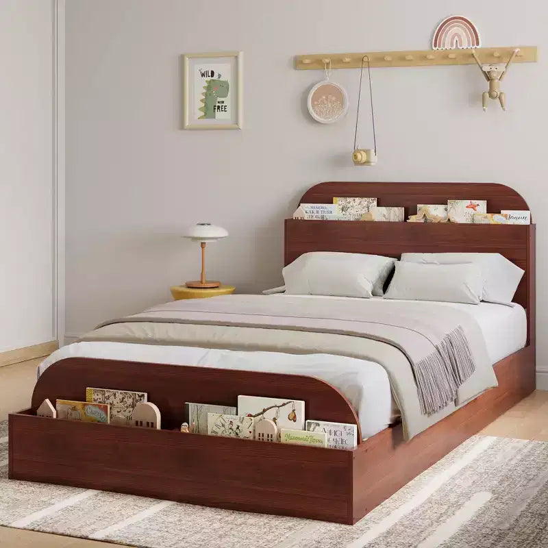 Cadre de lit en bois avec tête de lit de rangement – Lit plateforme bas pour enfant avec pied de lit surélevé, lattes en bois robustes (pas besoin de sommier tapissier)