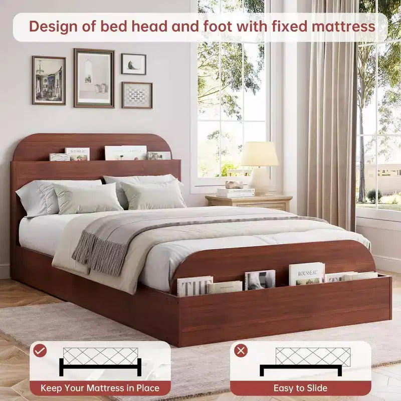 Cadre de lit en bois avec tête de lit de rangement – Lit plateforme bas pour enfant avec pied de lit surélevé, lattes en bois robustes (pas besoin de sommier tapissier)
