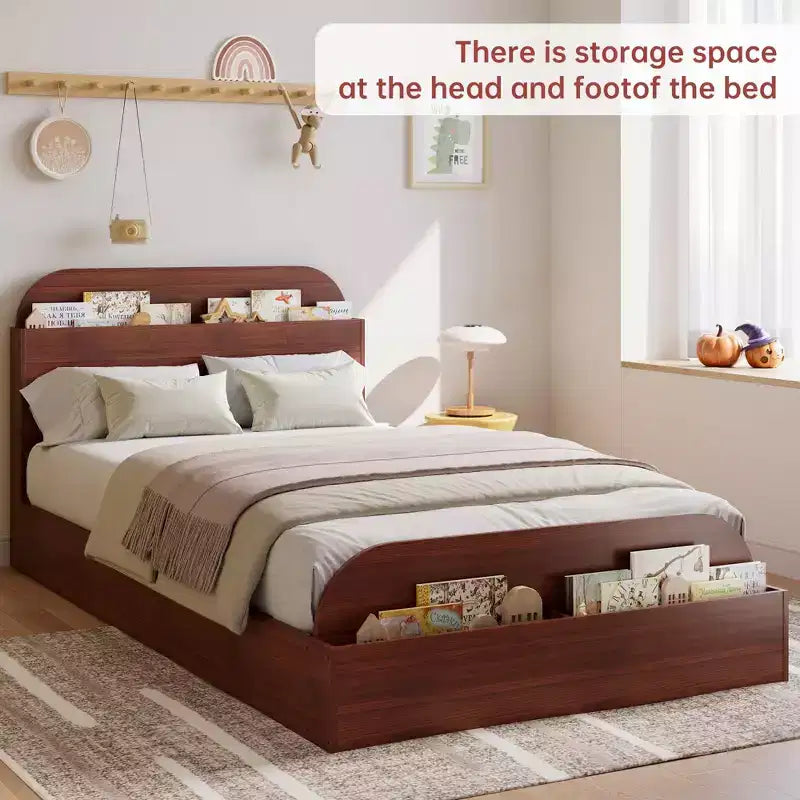 Cadre de lit en bois avec tête de lit de rangement – Lit plateforme bas pour enfant avec pied de lit surélevé, lattes en bois robustes (pas besoin de sommier tapissier)