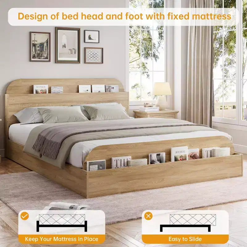 Cadre de lit en bois avec tête de lit de rangement – Lit plateforme bas pour enfant avec pied de lit surélevé, lattes en bois robustes (pas besoin de sommier tapissier)