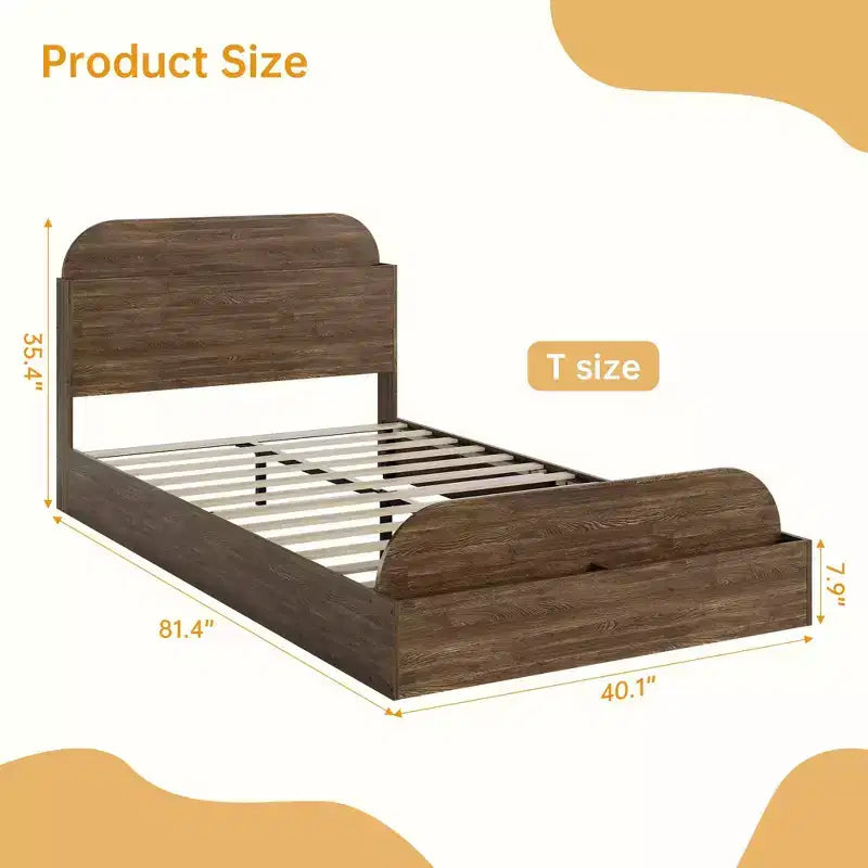 Cadre de lit en bois avec tête de lit de rangement – Lit plateforme bas pour enfant avec pied de lit surélevé, lattes en bois robustes (pas besoin de sommier tapissier)