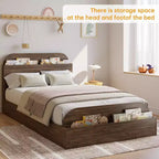 Cadre de lit en bois avec tête de lit de rangement – Lit plateforme bas pour enfant avec pied de lit surélevé, lattes en bois robustes (pas besoin de sommier tapissier)