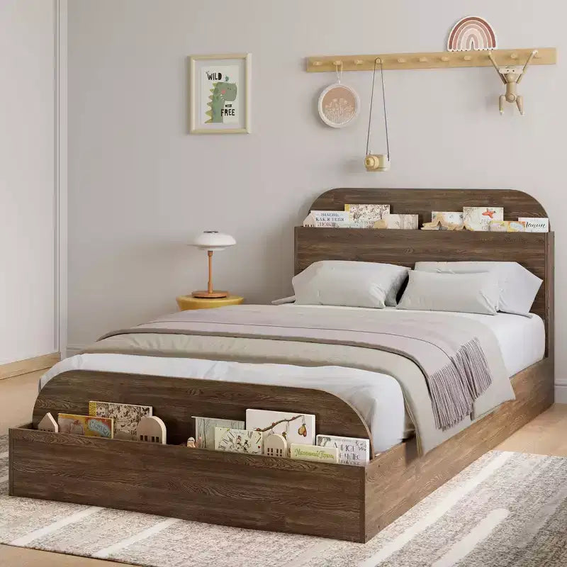 Cadre de lit en bois avec tête de lit de rangement – Lit plateforme bas pour enfant avec pied de lit surélevé, lattes en bois robustes (pas besoin de sommier tapissier)
