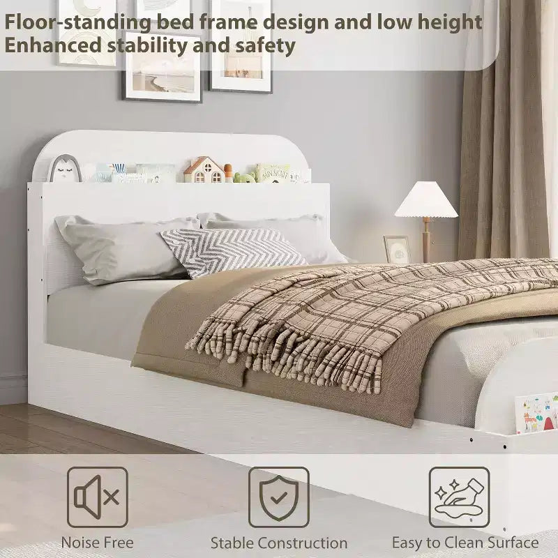 Cadre de lit en bois avec tête de lit de rangement – Lit plateforme bas pour enfant avec pied de lit surélevé, lattes en bois robustes (pas besoin de sommier tapissier)