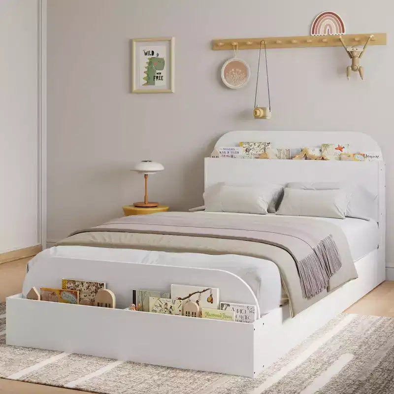 Cadre de lit en bois avec tête de lit de rangement – Lit plateforme bas pour enfant avec pied de lit surélevé, lattes en bois robustes (pas besoin de sommier tapissier)