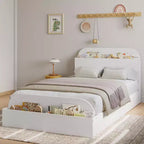 Cadre de lit en bois avec tête de lit de rangement – Lit plateforme bas pour enfant avec pied de lit surélevé, lattes en bois robustes (pas besoin de sommier tapissier)