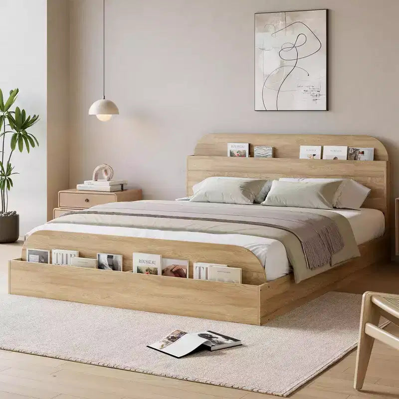 Cadre de lit en bois avec tête de lit de rangement – Lit plateforme bas pour enfant avec pied de lit surélevé, lattes en bois robustes (pas besoin de sommier tapissier)