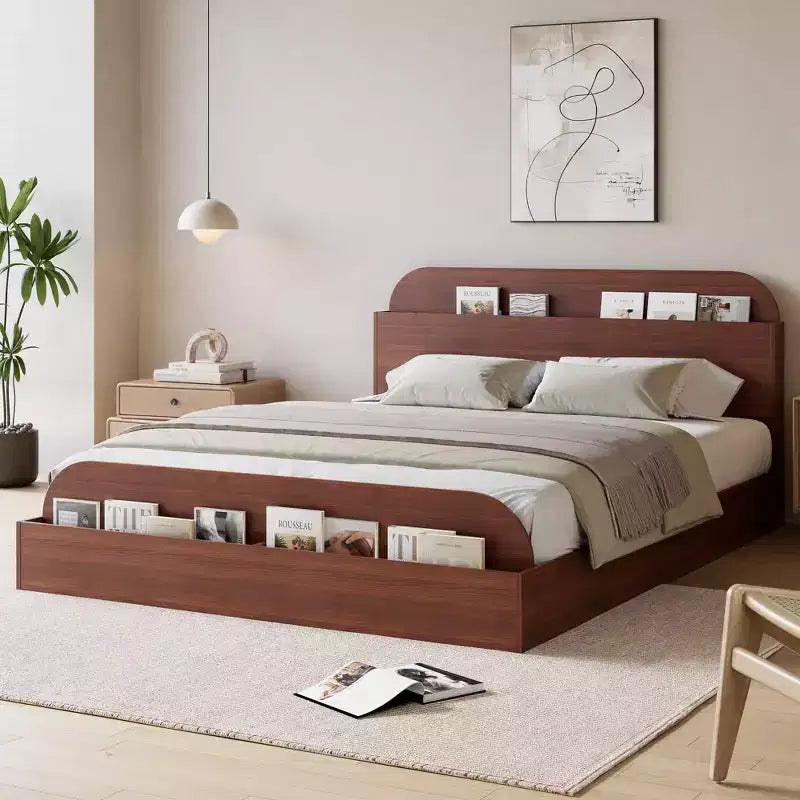 Cadre de lit en bois avec tête de lit de rangement – Lit plateforme bas pour enfant avec pied de lit surélevé, lattes en bois robustes (pas besoin de sommier tapissier)