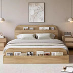 Wooden Bed Frame with Storage Headboard - Low Platform Bed for Little with Raised Footboard, Sturdy Wood Slats (No Box Spring Needed)
