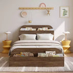Cadre de lit en bois avec tête de lit de rangement – Lit plateforme bas pour enfant avec pied de lit surélevé, lattes en bois robustes (pas besoin de sommier tapissier)