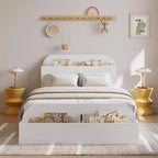 Cadre de lit en bois avec tête de lit de rangement – Lit plateforme bas pour enfant avec pied de lit surélevé, lattes en bois robustes (pas besoin de sommier tapissier)