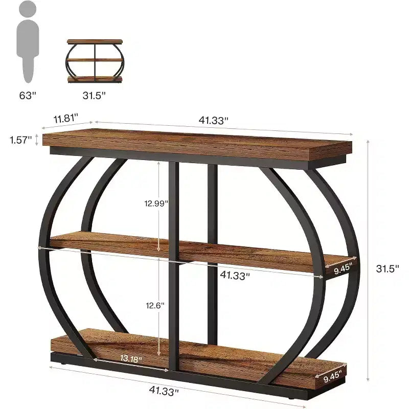 Table console industrielle 41,3 po Lantine à 3 niveaux, cadre en métal arqué et étagères de rangement, brun mélangé, convient pour le salon, le couloir.