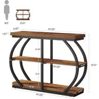 Table console industrielle 41,3 po Lantine à 3 niveaux, cadre en métal arqué et étagères de rangement, brun mélangé, convient pour le salon, le couloir.