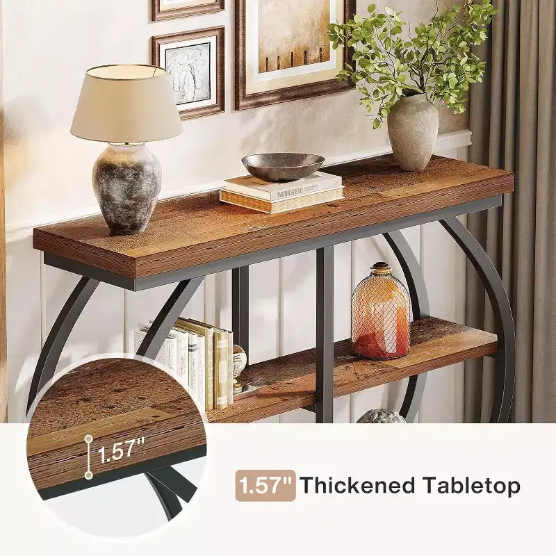 Table console industrielle 41,3 po Lantine à 3 niveaux, cadre en métal arqué et étagères de rangement, brun mélangé, convient pour le salon, le couloir.