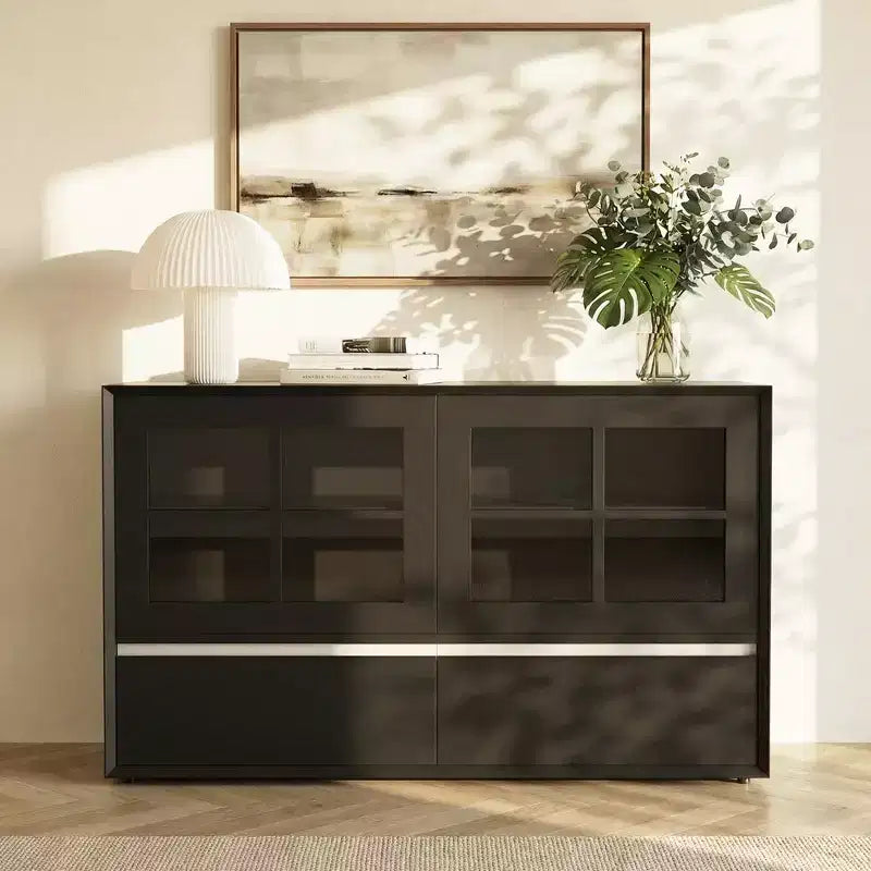 47.04 Buffet moderne avec portes en acrylique incassables – Meuble de rangement à 2 tiroirs avec étagères réglables – Noir mat Gaoyangjiaju