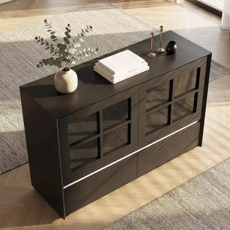 47.04 Buffet moderne avec portes en acrylique incassables – Meuble de rangement à 2 tiroirs avec étagères réglables – Noir mat Gaoyangjiaju