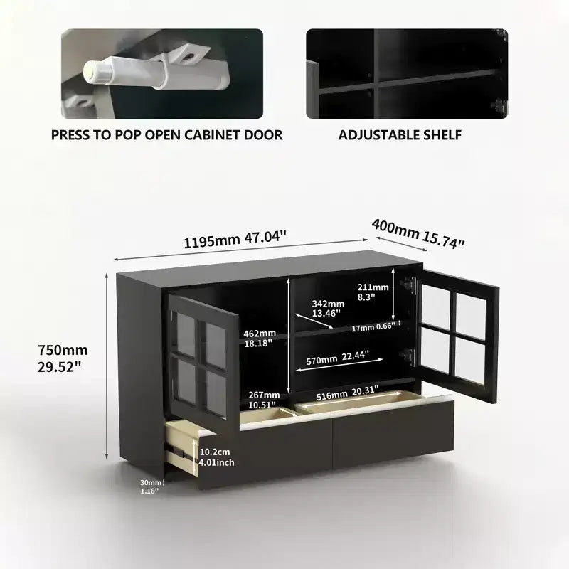 47.04 Buffet moderne avec portes en acrylique incassables – Meuble de rangement à 2 tiroirs avec étagères réglables – Noir mat Gaoyangjiaju