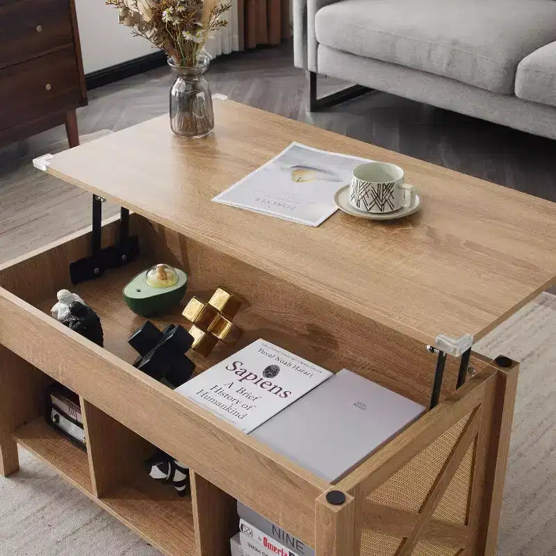 VINGLI Table Basse de Ferme relevable, Gris Rustique avec Étagère de Rangement/Compartiment Caché, Mesa De Centro para Sala