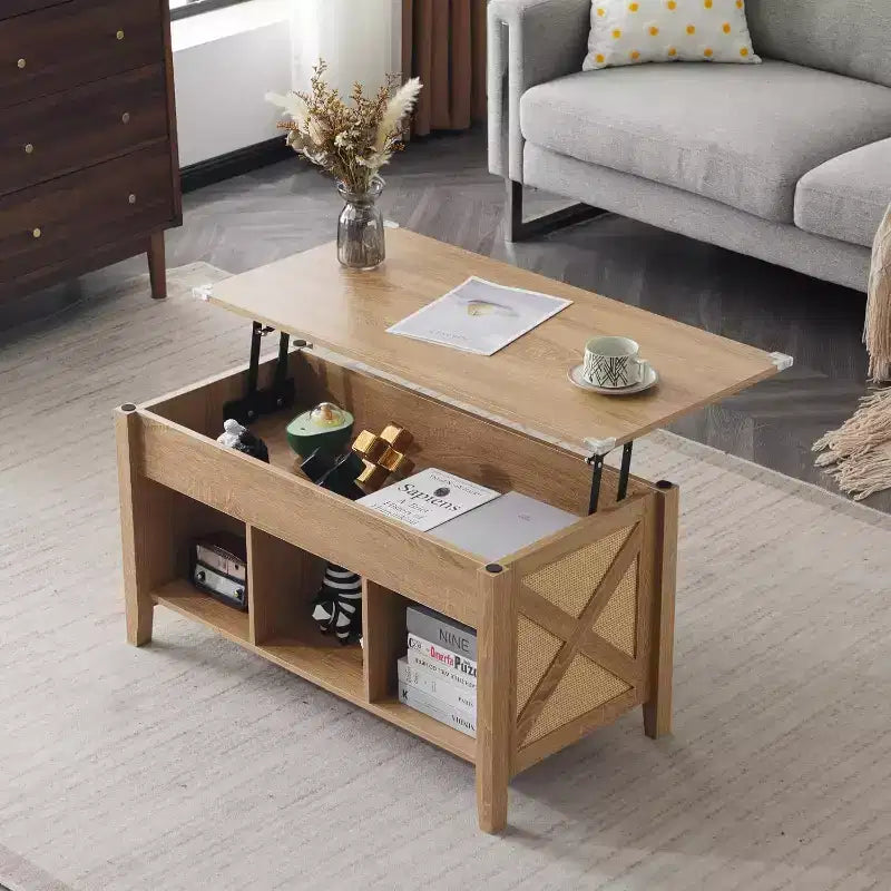 VINGLI Table Basse de Ferme relevable, Gris Rustique avec Étagère de Rangement/Compartiment Caché, Mesa De Centro para Sala