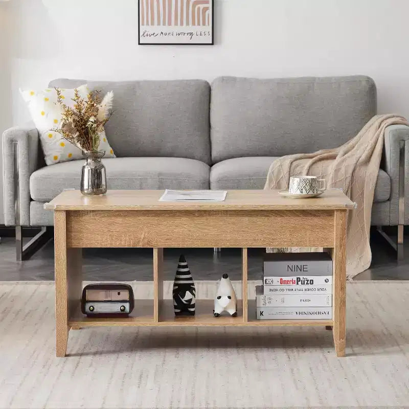 VINGLI Table Basse de Ferme relevable, Gris Rustique avec Étagère de Rangement/Compartiment Caché, Mesa De Centro para Sala