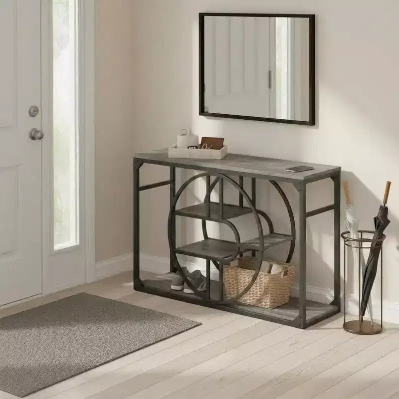 Console d'entrée industrielle de 55 pouces, table à 5 niveaux avec cadre en métal en forme de O et rangement pour salon et couloir
