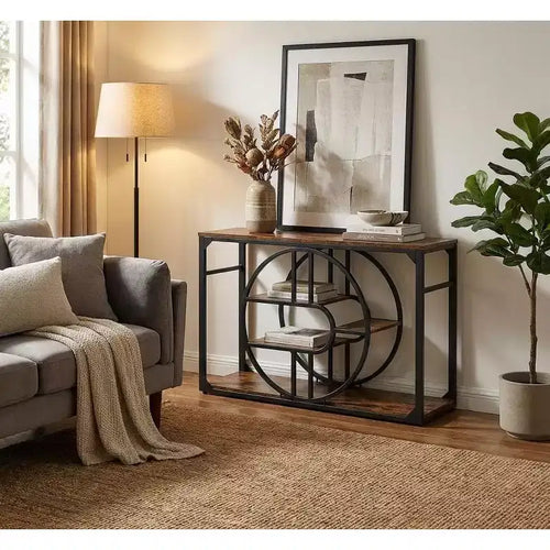 Console d'entrée industrielle de 55 pouces, table à 5 niveaux avec cadre en métal en forme de O et rangement pour salon et couloir