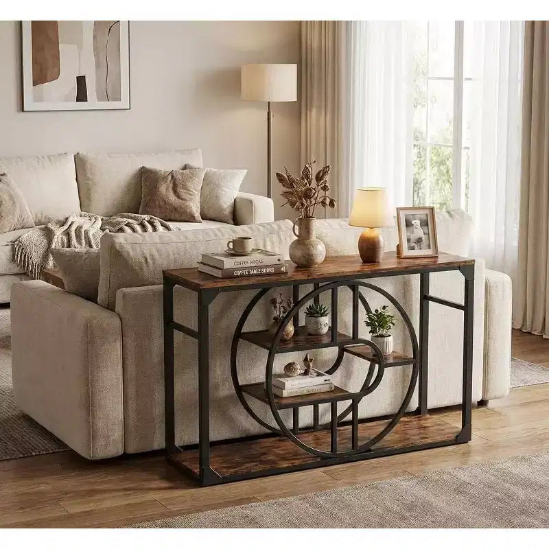 Console d'entrée industrielle de 55 pouces, table à 5 niveaux avec cadre en métal en forme de O et rangement pour salon et couloir
