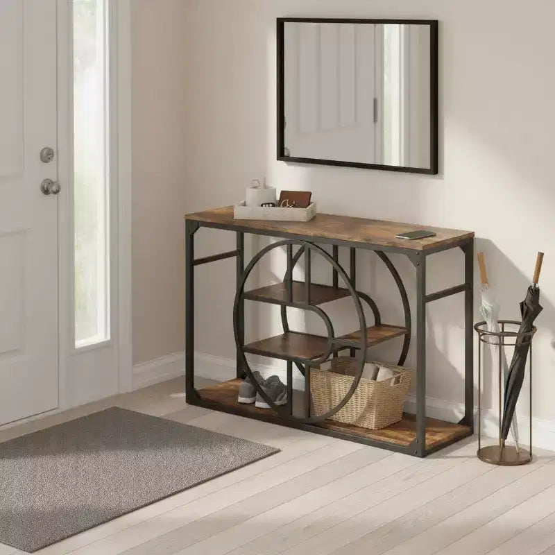 Console d'entrée industrielle de 55 pouces, table à 5 niveaux avec cadre en métal en forme de O et rangement pour salon et couloir