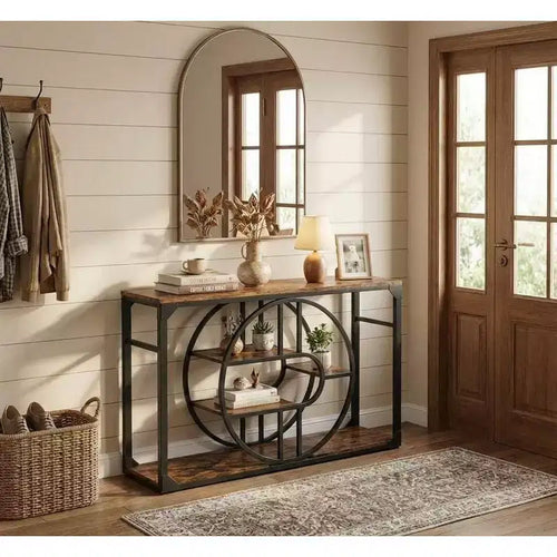 55 Industrial Entryway Table, 5-Tier Console with O-Shaped Metal Frame & Storage for Living Room & Hallway