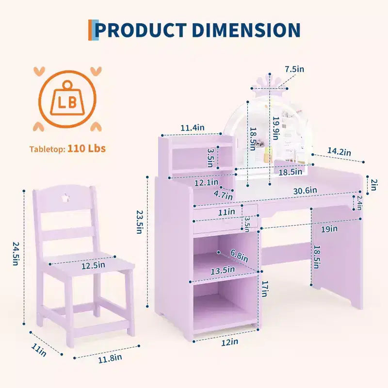 Coiffeuse enfant avec miroir lumineux, ensemble coiffeuse de princesse 2 en 1 pour tout-petits avec table et chaise, bibliothèque ouverte, armoire de rangement et étagères pour filles