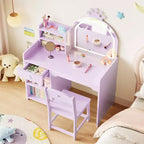 Coiffeuse enfant avec miroir lumineux, ensemble coiffeuse de princesse 2 en 1 pour tout-petits avec table et chaise, bibliothèque ouverte, armoire de rangement et étagères pour filles