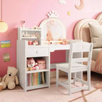 Coiffeuse enfant avec miroir lumineux, ensemble coiffeuse de princesse 2 en 1 pour tout-petits avec table et chaise, bibliothèque ouverte, armoire de rangement et étagères pour filles