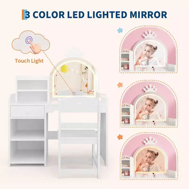Coiffeuse enfant avec miroir lumineux, ensemble coiffeuse de princesse 2 en 1 pour tout-petits avec table et chaise, bibliothèque ouverte, armoire de rangement et étagères pour filles