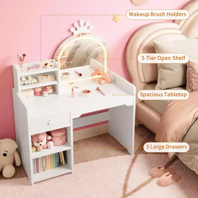 Coiffeuse enfant avec miroir lumineux, ensemble coiffeuse de princesse 2 en 1 pour tout-petits avec table et chaise, bibliothèque ouverte, armoire de rangement et étagères pour filles