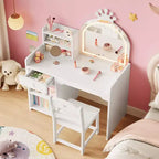 Coiffeuse enfant avec miroir lumineux, ensemble coiffeuse de princesse 2 en 1 pour tout-petits avec table et chaise, bibliothèque ouverte, armoire de rangement et étagères pour filles